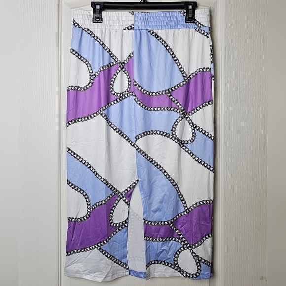 CHICME Womens 2pc Long Sleeve Top, Chain Print Color Block Skirt, Purple & White - Picture 5 of 11